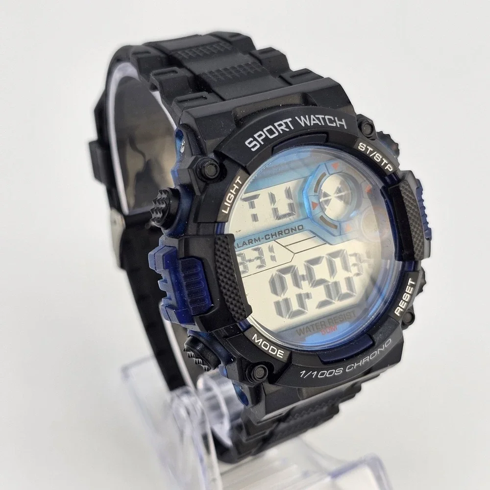 Men's Sports‎ Digital Watch 50MM Day Date Light Black Plastic Bands Working